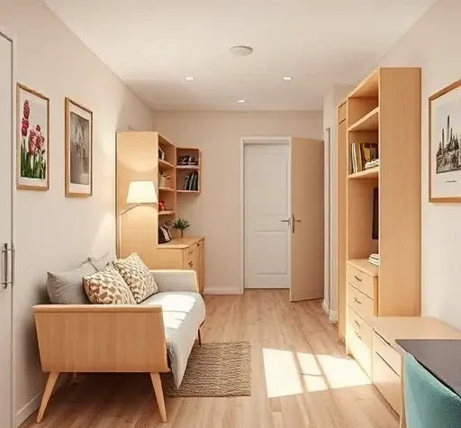 Складная модульная мебель в компактной квартире для пожилых жильцов с поручнями и световой навигацией